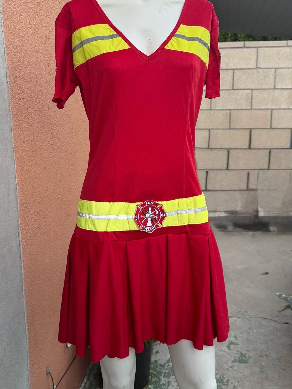 Red Firefighter-Inspired Women’s Dress with Reflective Accents